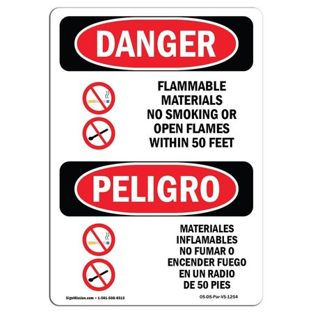 SIGNMISSION Safety Sign, OSHA Danger, 18" Height, Aluminum, Flammable Materials No Smoking Spanish OS-DS-A-1218-VS-1254